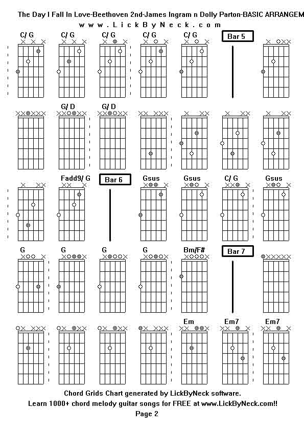 Chord Grids Chart of chord melody fingerstyle guitar song-The Day I Fall In Love-Beethoven 2nd-James Ingram n Dolly Parton-BASIC ARRANGEMENT,generated by LickByNeck software.
